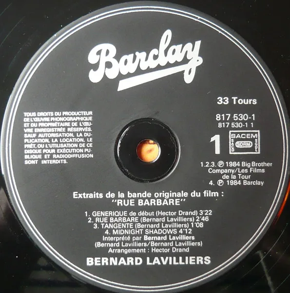 Album cover for Rue Barbare (Extraits De La Bande Originale Du Film Et "Midnight Shadows") by Bernard Lavilliers
