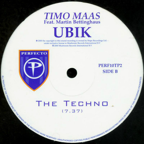 Timo Maas Feat. Martin Bettinghaus - Ubik, Electronic, Tech House, Techno, 2000 - Perfecto, UK, Vinyl 1x 12", 33 ⅓ RPM, Promo