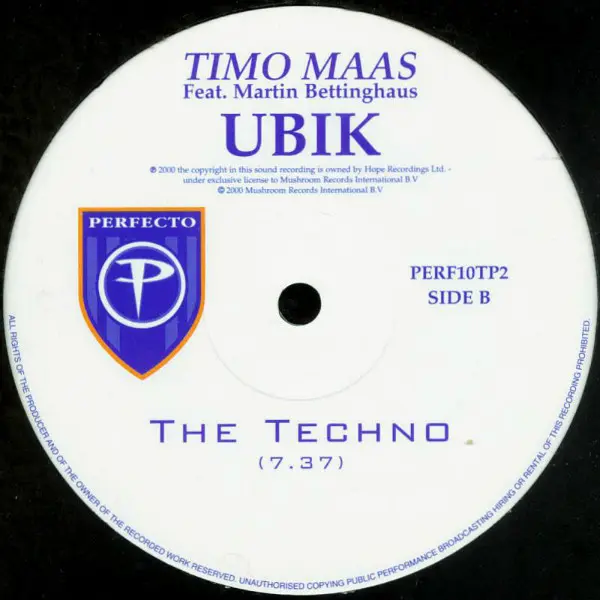 Timo Maas Feat. Martin Bettinghaus - Ubik, Electronic, Tech House, Techno, 2000 - Perfecto, UK, Vinyl 1x 12", 33 ⅓ RPM, Promo