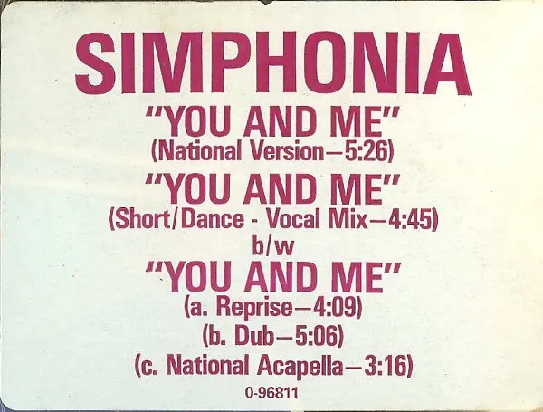 Simphonia - You And Me, Electronic, Garage House, 1986 - Atlantic, Cotillion, US, Vinyl 1x 12", 33 ⅓ RPM, Single