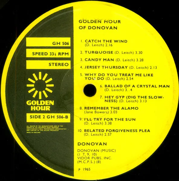 Donovan - Golden Hour Of Donovan, Rock, Folk Rock, Pop Rock, 1971 - Golden Hour, UK, Vinyl 1x LP, Compilation, Stereo