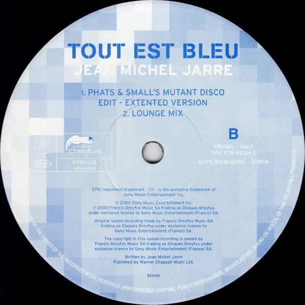 Jean-Michel Jarre - Tout Est Bleu, Electronic, Downtempo, House, Trance, 2000 - Epic, UK, Vinyl 1x 12", Promo, 33 ⅓ RPM