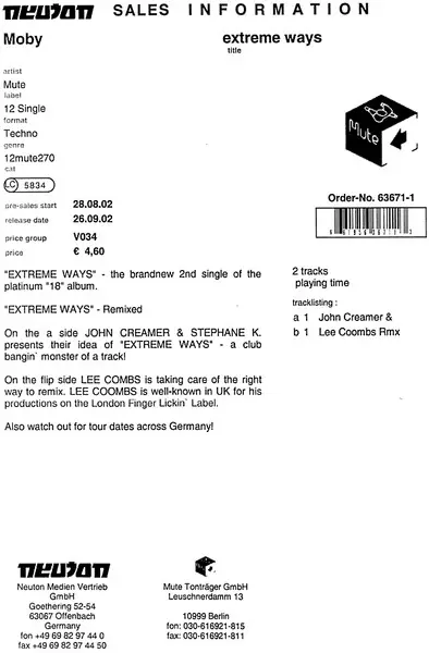 Moby - Extreme Ways, Electronic, Progressive House, 2002 - Mute, Europe, Vinyl 1x 12", 33 ⅓ RPM
