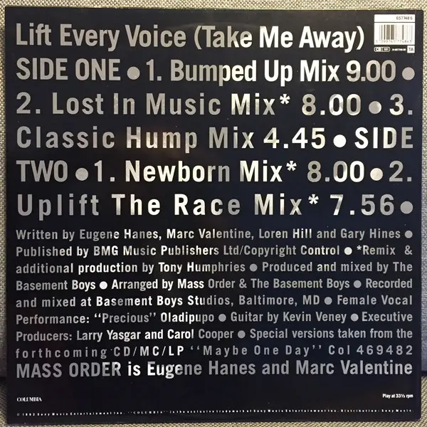 Mass Order - Lift Every Voice (Take Me Away) - 1992 - Garage House, House - Columbia - Vinyl 1x 12", 33 ⅓ RPM