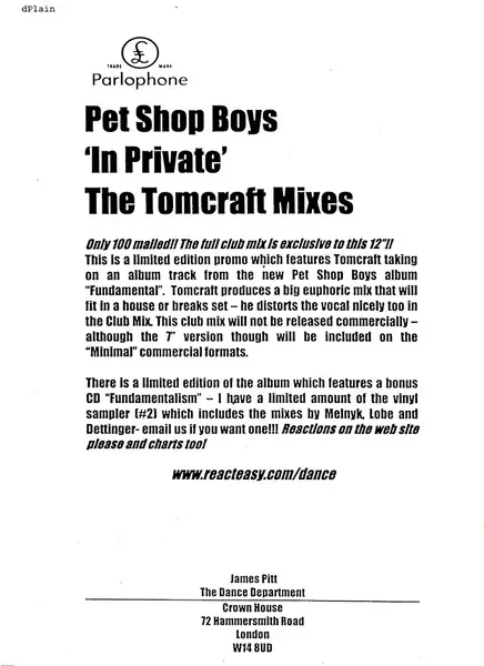 Pet Shop Boys - In Private (The Tomcraft Mixes), Electronic, Breakbeat, Electro, 2006 - Parlophone, UK, Vinyl 1x 12", 33 ⅓ RP