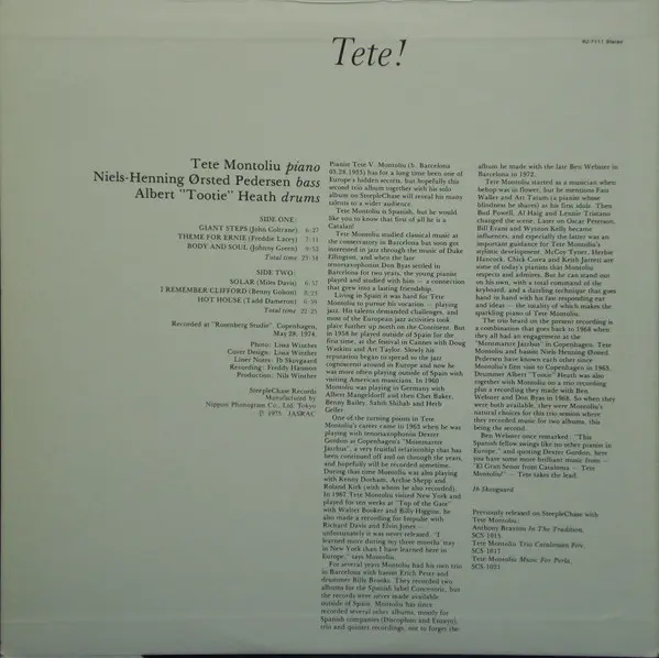 Tete Montoliu Trio - Tete!, Jazz, Bop, 1975 - SteepleChase, Japan, Vinyl 1x LP, Album, Stereo