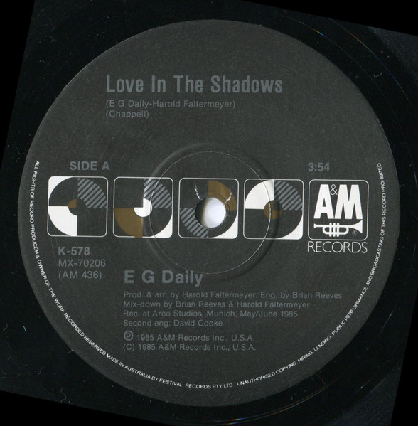 E.G. Daily - Mind Over Matter / Love In The Shadows (Remixes), Electronic, Hi NRG, Synth-pop, 1988 - A&M Records, Australia &