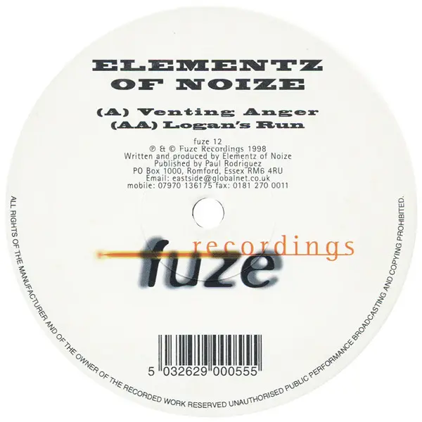 Elementz Of Noize - Venting Anger / Logan's Run, Electronic, Drum n Bass, 1998 - Fuze Recordings, UK, Vinyl 1x 12", 45 RPM