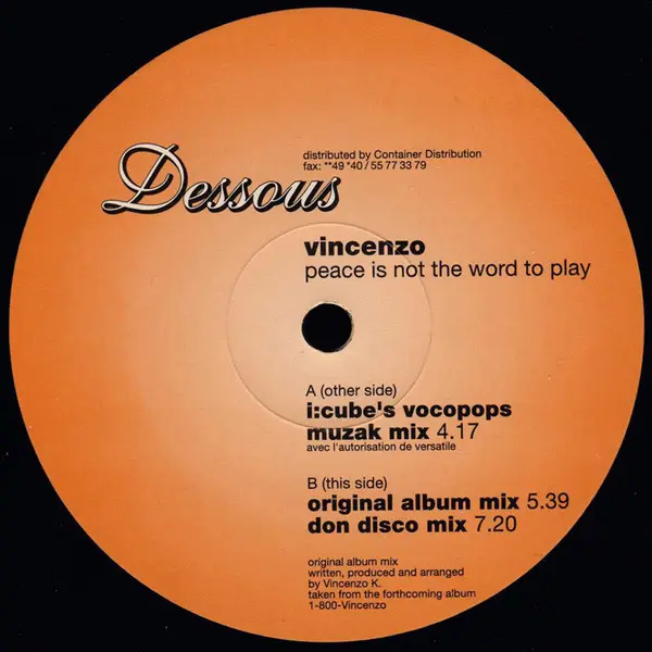 Vincenzo - Peace Is Not The Word To Play, Electronic, Deep House, 1999 - Dessous Recordings, Germany, Vinyl 1x 12"