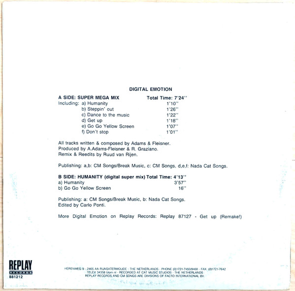 Digital Emotion - Super Mega Mix, Electronic, Disco, 1988 - Replay Records, Netherlands, Vinyl 1x 12", 45 RPM, Mixed