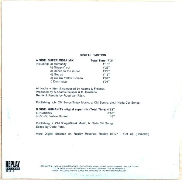 Digital Emotion - Super Mega Mix, Electronic, Disco, 1988 - Replay Records, Netherlands, Vinyl 1x 12", 45 RPM, Mixed