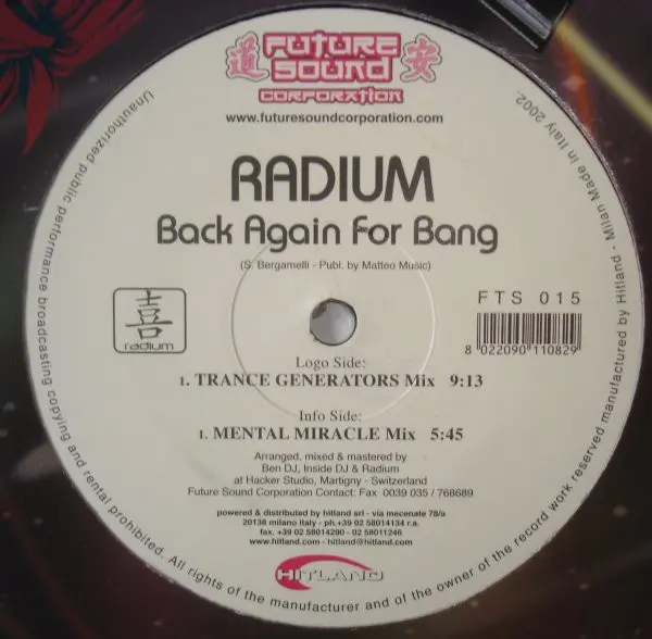 Radium (2) - Back Again For Bang, Electronic, Hard Trance, Hardstyle, 2002 - Future Sound Corporation, Italy, Vinyl 1x 12", 3