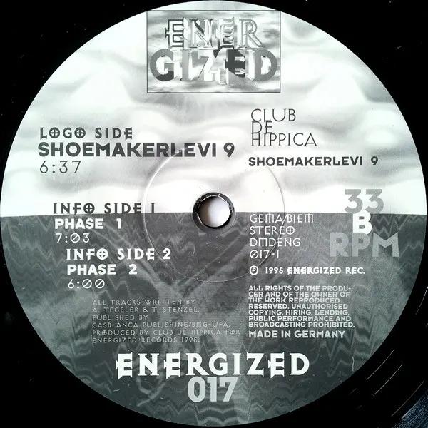 Club De Hippica - Shoemakerlevi 9, Electronic, Techno, 1995 - Energized Records, Germany, Vinyl 1x 12", 45 RPM, 33 ⅓ RPM