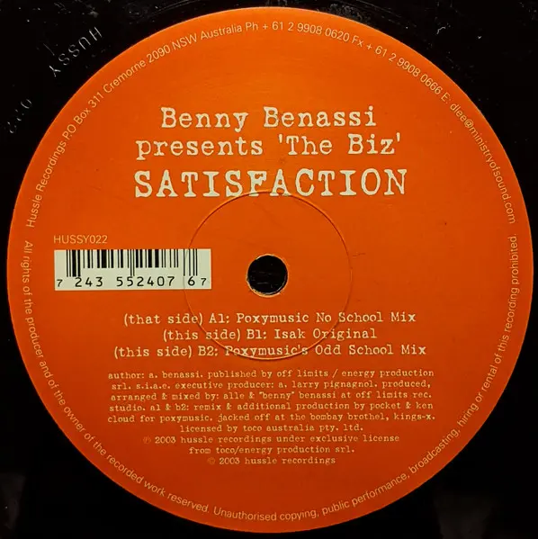 Benny Benassi Presents Biz (5), The - Satisfaction, Electronic, Breaks, Electro, House, 2003 - Hussle Recordings, Australia, 