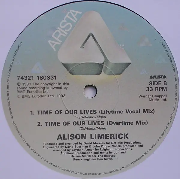 Alison Limerick - Time Of Our Lives, Electronic, House, 1993 - Arista, UK, Vinyl 1x 12", 33 ⅓ RPM