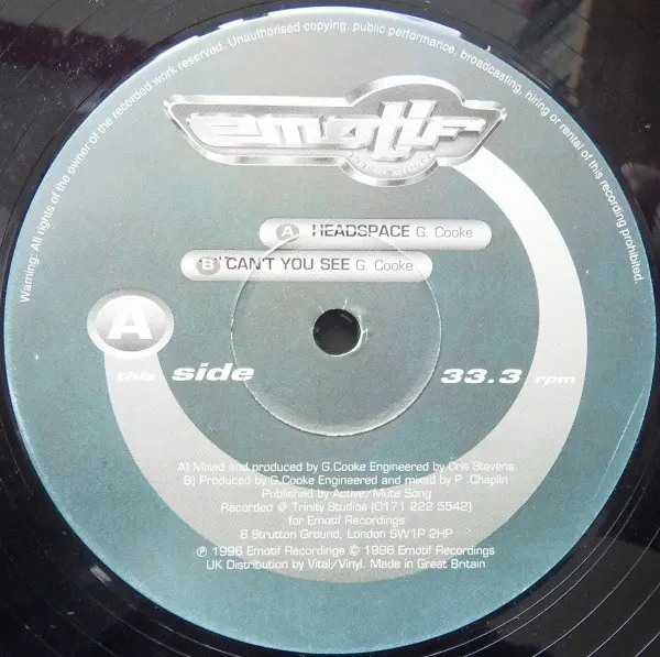 B.L.I.M. - Headspace / Can't You See, Electronic, Drum n Bass, 1996 - Emotif Recordings, UK, Vinyl 1x 12", 33 ⅓ RPM