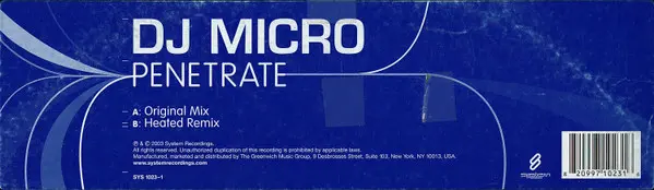 DJ Micro - Penetrate, Electronic, Breaks, House, Trance, 2003 - System Recordings, US, Vinyl 1x 12"
