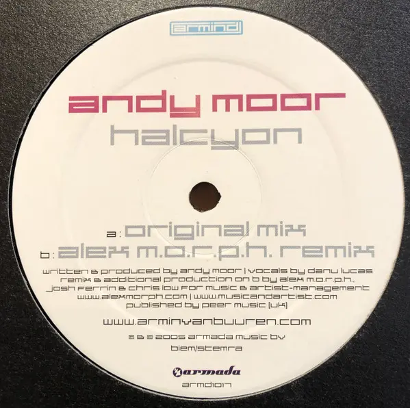 Andy Moor - Halcyon, Electronic, Progressive Trance, Trance, 2005 - Armind, Netherlands, Vinyl 1x 12", 45 RPM Generic Armind 