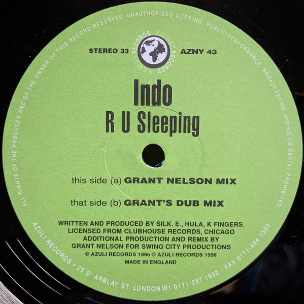 Indo - R U Sleeping (Grant Nelson Remixes), Electronic, House, 1996 - Azuli Records, UK, Vinyl 1x 12", 45 RPM