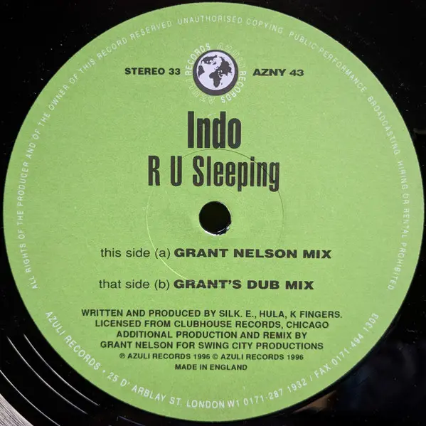 Indo - R U Sleeping (Grant Nelson Remixes), Electronic, House, 1996 - Azuli Records, UK, Vinyl 1x 12", 45 RPM