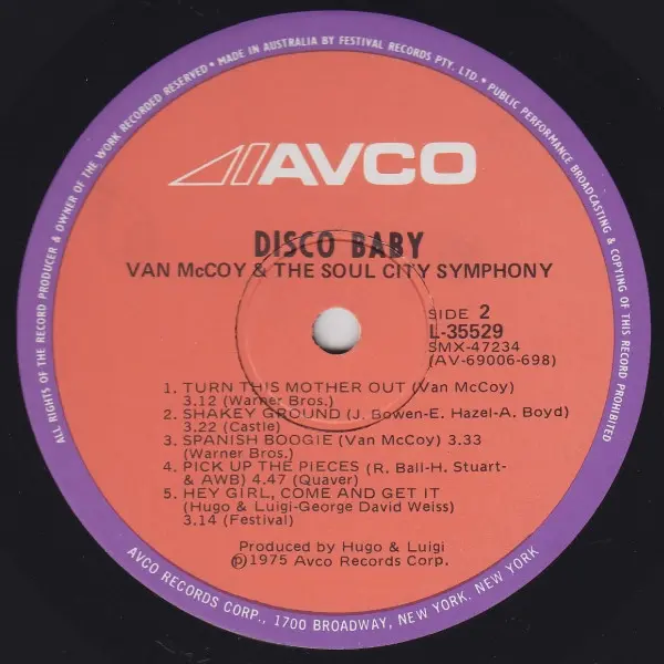 Van McCoy & The Soul City Symphony - Disco Baby, Funk / Soul, Disco, Soul, 1975 - Avco, Australia, Vinyl 1x LP, Album