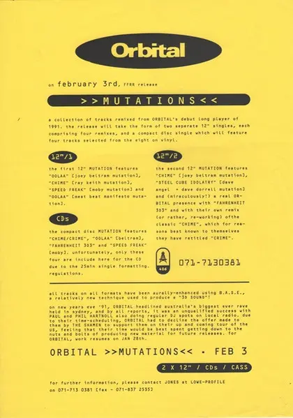 Orbital - Mutations, Electronic, Breaks, Hardcore, Progressive House, Techno, 1992 - FFRR, UK & Europe, Vinyl 1x 12", 33 ⅓ RP
