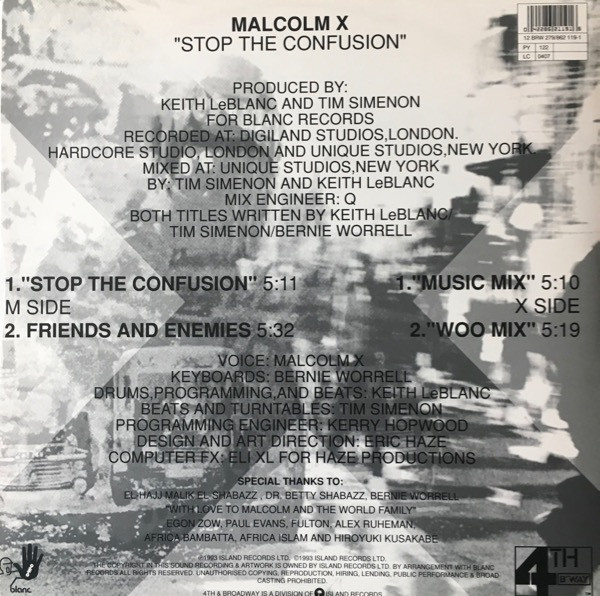 Malcolm X - Stop The Confusion, Electronic, Breaks, Electro, 1993 - 4th & Broadway, Island Records, UK, Vinyl 1x 12", 33 ⅓ RP