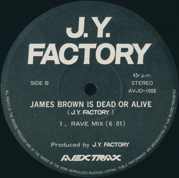 J.Y. Factory - James Brown Is Dead Or Alive !?!? , Electronic, Hardcore, Techno, 1992 - Avex Trax, Japan, Vinyl 1x 12", 45 RP