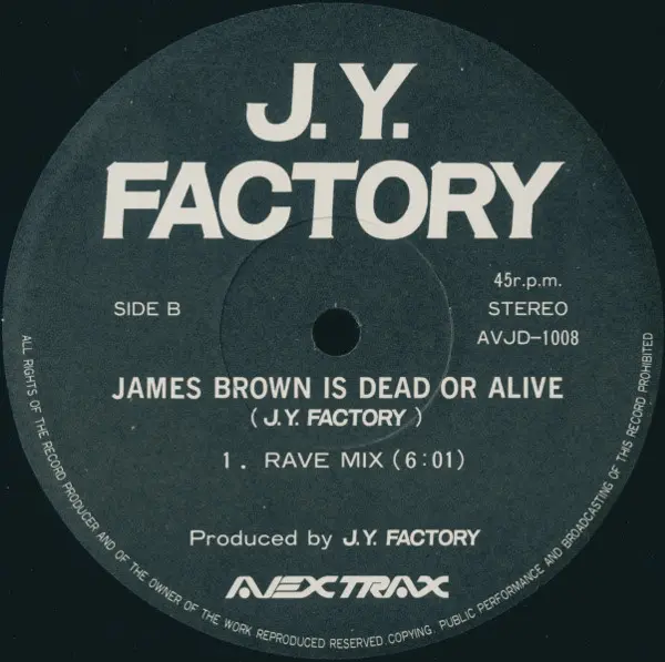 J.Y. Factory - James Brown Is Dead Or Alive !?!? , Electronic, Hardcore, Techno, 1992 - Avex Trax, Japan, Vinyl 1x 12", 45 RP
