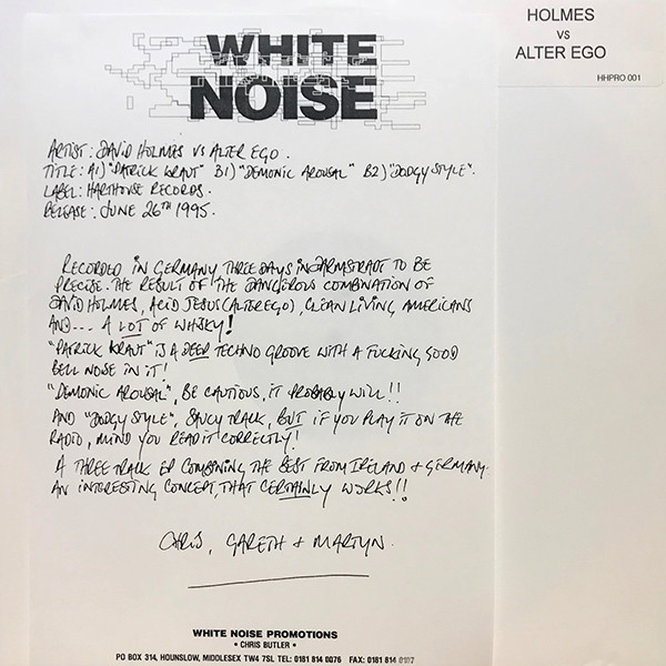 David Holmes vs. Alter Ego - Patrick Kraut, Electronic, Techno, 1995 - Harthouse, Germany, Vinyl 1x 12", Promo, White Label, 
