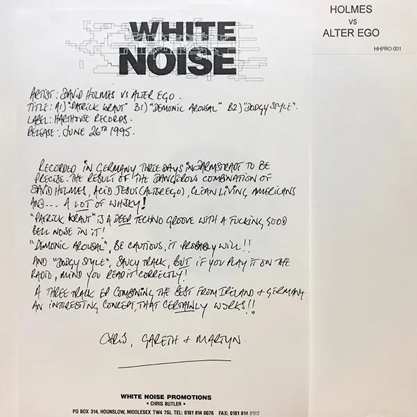 David Holmes vs. Alter Ego - Patrick Kraut, Electronic, Techno, 1995 - Harthouse, Germany, Vinyl 1x 12", Promo, White Label, 