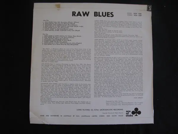 Various - Raw Blues, Blues, Chicago Blues, Electric Blues, 1967 - Ace Of Clubs, Australia, Vinyl 1x LP, Compilation, Stereo