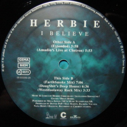 Herbie (4) - I Believe, Electronic, Rock, Breaks, Deep House, Eurodance, Happy Hardcore, House, Pop Rock, 1995 - Cheiron, Ger