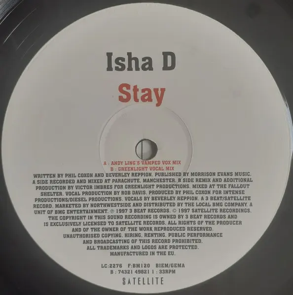 Isha-D - Stay, Electronic, House, Progressive House, 1997 - 3 Beat Records, Satellite (11), Europe, Vinyl 1x 12"