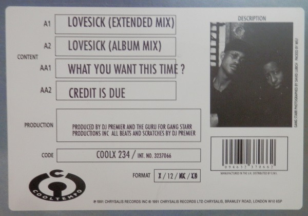Gang Starr - Lovesick, Hip Hop, 1991 - Chrysalis, Cooltempo, UK, Vinyl 1x 12", 45 RPM