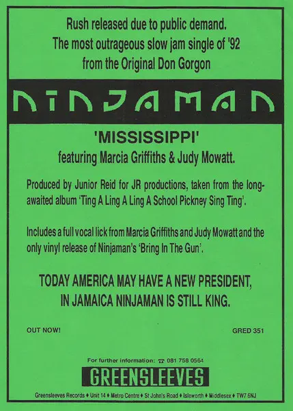 Ninjaman - Mississippi (I Can See Arkansas), Reggae, Dancehall, 1992 - Greensleeves Records, UK, Vinyl 1x 12"