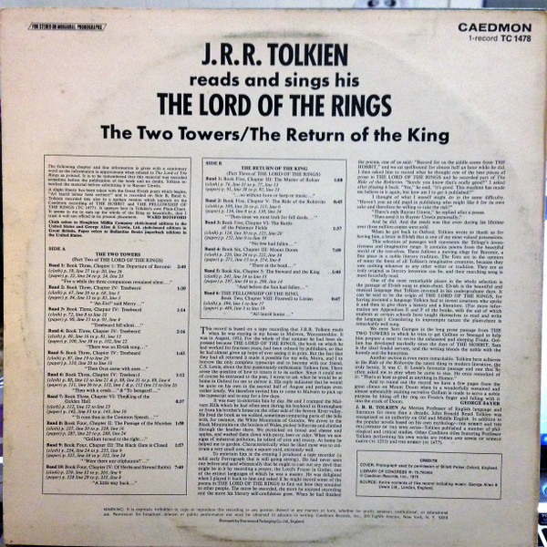 J.R.R. Tolkien - Reads And Sings His The Lord Of The Rings: The Two Towers / The Return Of The King - 1975 - Audiobook - Caed