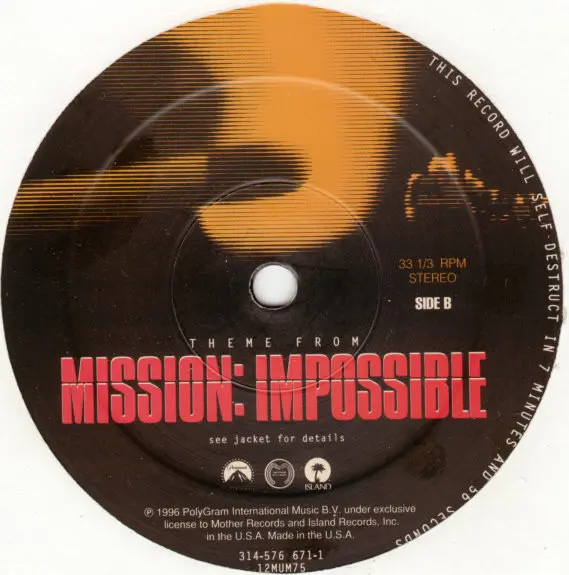 Adam Clayton & Larry Mullen - Theme From Mission: Impossible, Electronic, House, Techno, 1996 - Island Records, Mother Record