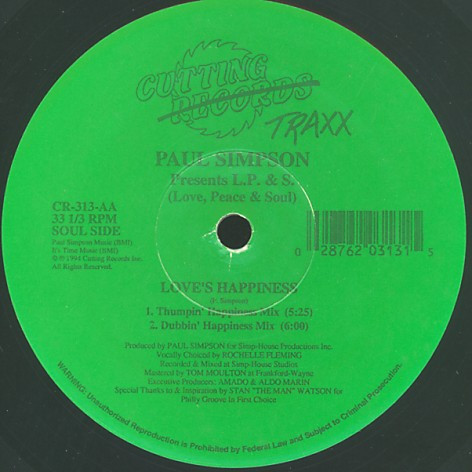 Paul Simpson Presents L.P. & S. - Love's Happiness, Electronic, Deep House, Garage House, 1994 - Cutting Traxx, US, Vinyl 1x 