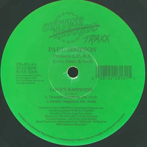 Paul Simpson Presents L.P. & S. - Love's Happiness, Electronic, Deep House, Garage House, 1994 - Cutting Traxx, US, Vinyl 1x 
