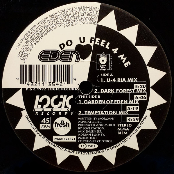 Eden - Do U Feel 4 Me, Electronic, House, 1992 - Logic Records, UK, Vinyl 1x 12", 45 RPM, Stereo