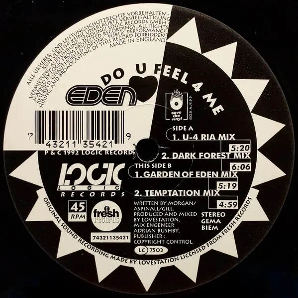 Eden - Do U Feel 4 Me, Electronic, House, 1992 - Logic Records, UK, Vinyl 1x 12", 45 RPM, Stereo