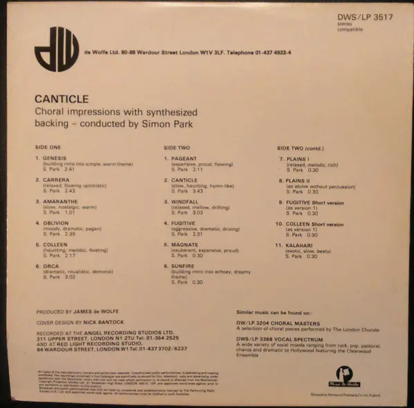 Simon Park - Canticle, Classical, Electronic, Stage & Screen, Experimental, 1983 - Music De Wolfe, UK, Vinyl 1x LP