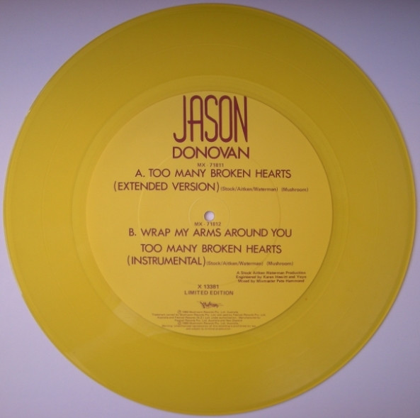 Jason Donovan - Too Many Broken Hearts, Electronic, Pop, Europop, Synth-pop, 1989 - Mushroom, Australia & New Zealand, Vinyl 