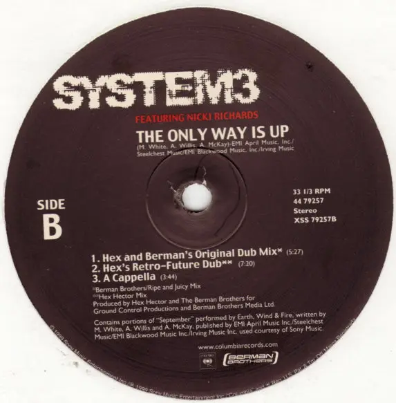 System 3 (2) Featuring Nicki Richards - The Only Way Is Up, Electronic, House, 1999 - Columbia, US, Vinyl 1x 12", 33 ⅓ RPM