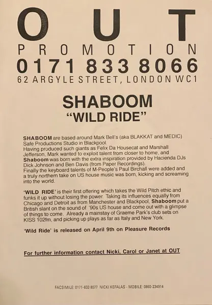 Shaboom - Wild Ride, Electronic, House, 1996 - Pleasure (6), UK, Vinyl 1x 12", 33 ⅓ RPM