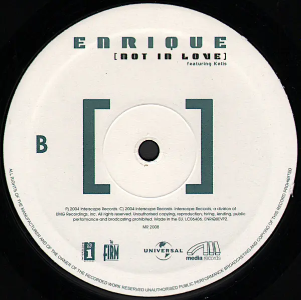 Enrique Iglesias Featuring Kelis - Not In Love, Electronic, House, 2004 - Media Records, Italy, Vinyl 1x 12", Maxi-Single