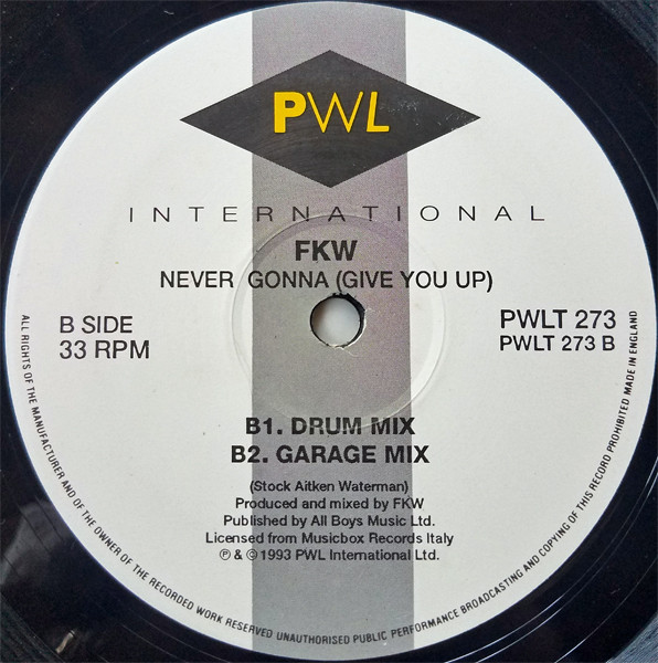 FKW (2) - Never Gonna (Give You Up), Electronic, Euro House, 1993 - PWL International, UK, Vinyl 1x 12", 33 ⅓ RPM