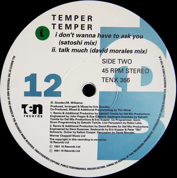 Temper Temper - Like We Used To, Electronic, Downtempo, Garage House, 1991 - 10 Records, UK, Vinyl 1x 12", 45 RPM, Single, St