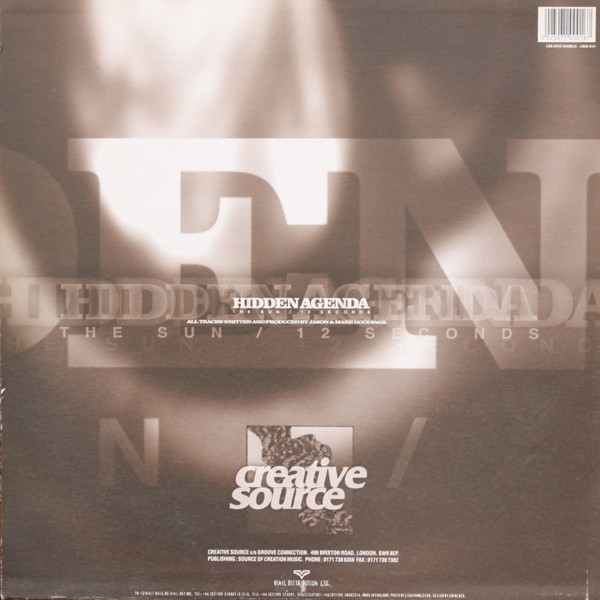 Hidden Agenda - The Sun / 12 Seconds, Electronic, Drum n Bass, 1997 - Creative Source, UK, Vinyl 1x 12", 45 RPM